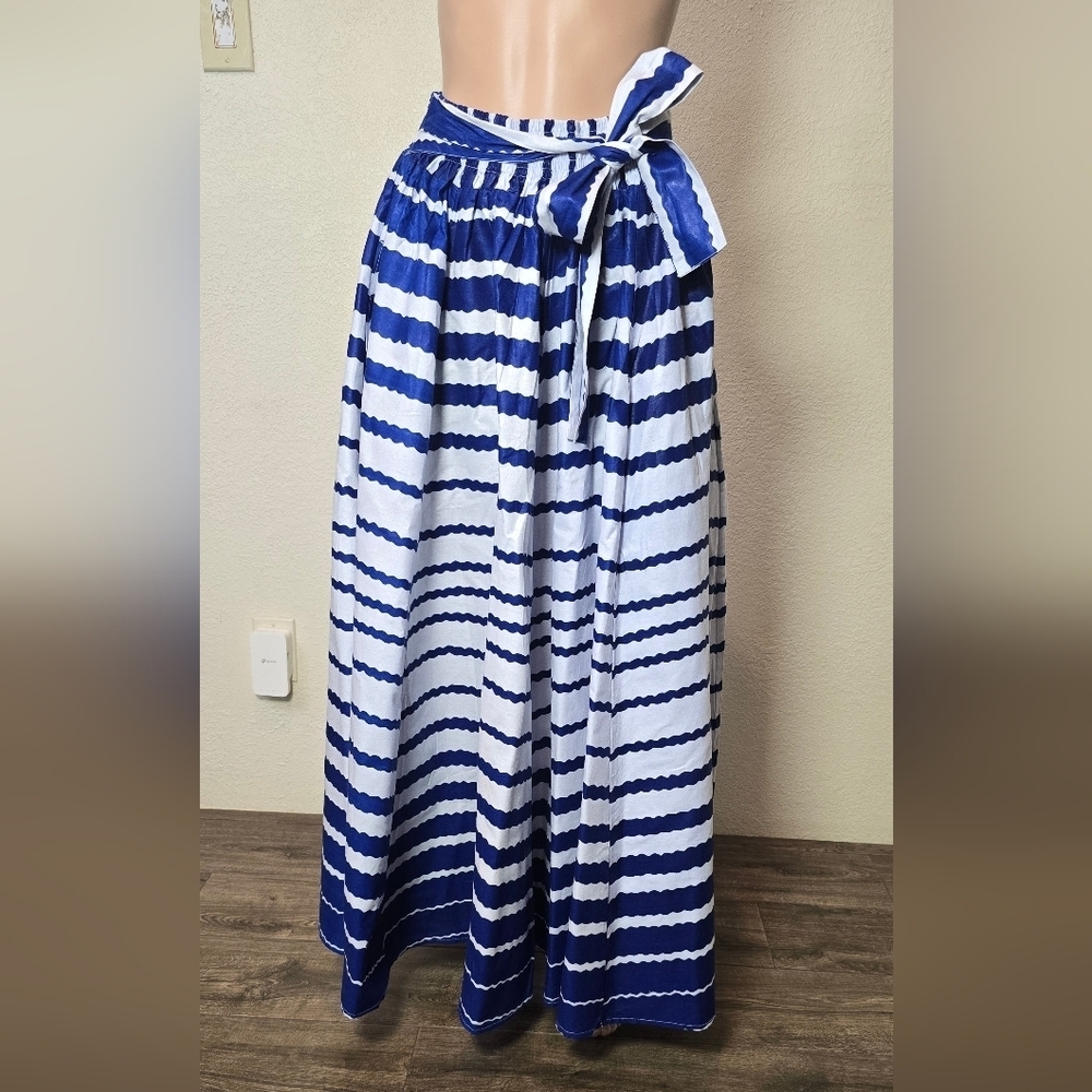NF Striped 100% Cotton Box Pleated Maxi Skirt Blue/ White One Size Whit Pockets